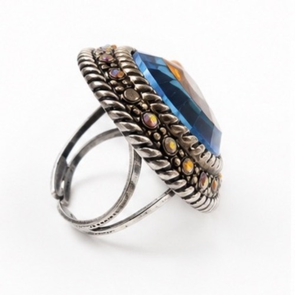 Vintage Blue Honey Carmel Glass Pyramid Ring Silver Tone Faceted Adjustable - Picture 3 of 10